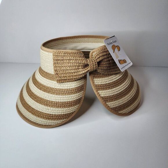 Packable Straw Hat | Wide Brim Sun Hat | Velcro Closure, Bow, Stripes, OS, NEW - Picture 1 of 7